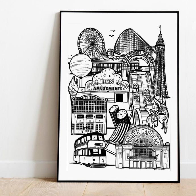 Black and white blackpool print in frame